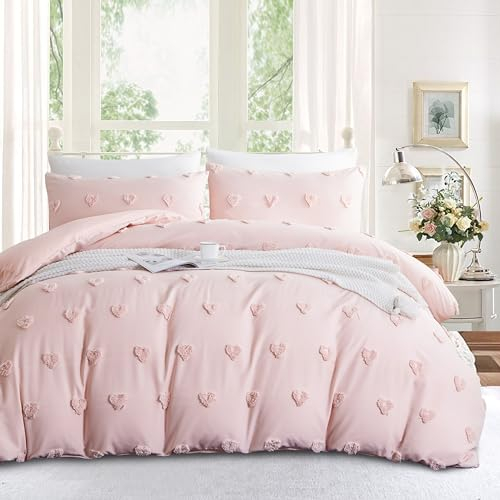 Freyamy Böhmen Bettwäsche 155x220cm 2teilig Rosa Getuftet Herz Boho Bettwäsche Stickerei Shabby Chic Bettwaren-Sets Microfaser Weiche Bettbezug mit Reißverschluss und Kissenbezug 80x80cm
