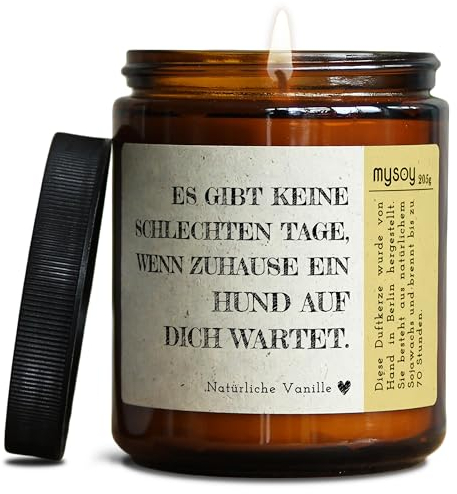GLÜCKLICHT Duftkerze mit Spruch für Hunde Besitzer & Liebhaber | Handgemacht aus Sojawachs | In Geschenkbox | Nachhaltiges Geburtstagsgeschenk, Gast Geschenk Freunde Dog Mom BFF |Vanille
