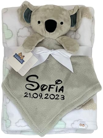 KIDDI-MEDIA Babydecke inklusive Trösterchen mit Name und Geburtsdatum Bestickt/kuschelig weich / 1A Qualität (Grau Koala)