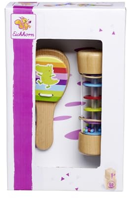 Eichhorn 100003491 - Musik Set Rassel, bestehend aus Regenmacher & Kastagnette, farbenfrohes Musikspielzeug aus 100% FSC zertifiziertem Buchenholz, ab 2 Jahren