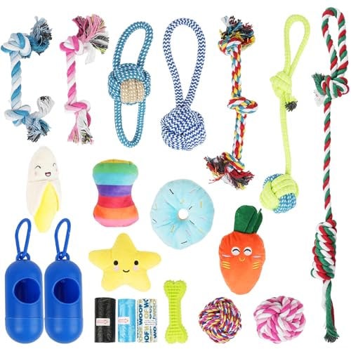 ProChosen 20 Pack Dog Rope Toys, Natural Cotton Rope Chew Toys for Dogs Indestructible Dog Toys Plush Squeaky Toys for Puppy, Small and Medium Dogs