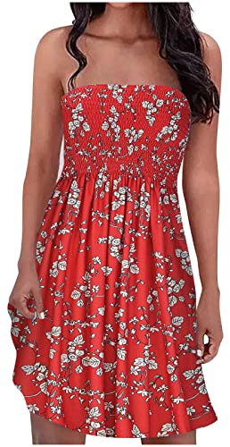 Bandeau Beach Dresses for Women UK Strapless Boho Sundress Boobtube Sheering Ruched Mini Dress Summer Vest Top Floral Mini Dress Pleated Swing XXL 052 Red