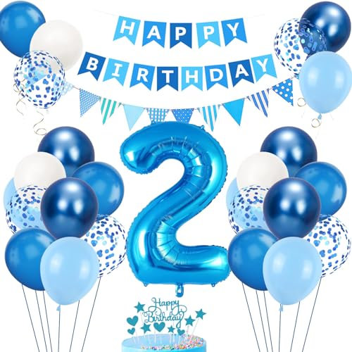 2. Geburtstag Deko Blau, Luftballon 2. Blaue, Geburtstagsdeko 2 Jahr, Junge 2 jahre Luftballon deko Blau, Zahl 2 Helium Luftballons Tortendeko Blau Weiß Ballons für Geburtstag Party Deko