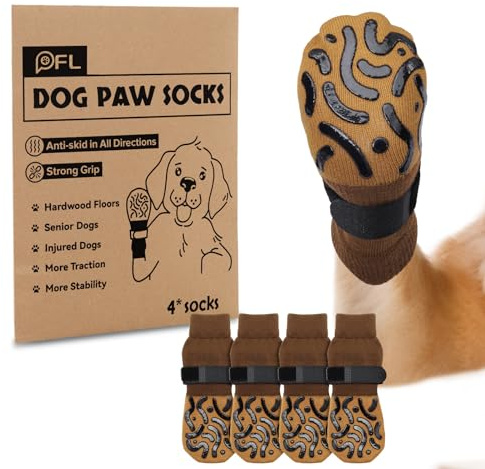 2 Pairs Anti-Slip Dog Socks With Grips, Paw Protectors for Stop Licking, Strong Traction Boots and Shoes for Senior Dogs on Hardwood Floors Indoor Walking (Brown, S)