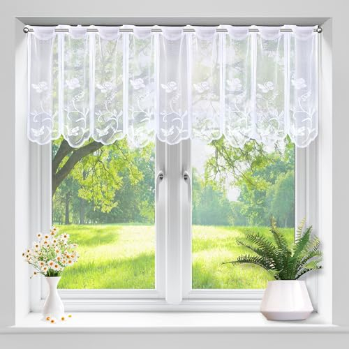 Scheibengardine Bistrogardine Halbtransparent Vorhänge Kurzstores Fensterschal mit Blumen Kurzgardine für Fenster Küche Wohnzimmer BxL 45 * 144cm
