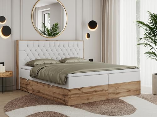 MKS MEBLE Boxspringbett 180x200 mit Bettkasten Eiche, Polsterbett 180x200 mit Matratze H3, Bett 180x200 mit Kopfteil, Bett mit Holzrahmen in Wotan Eiche - Weiß Kunstleder - Amore