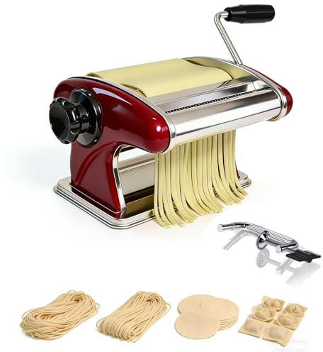 XINGYUEXUAN Pasta Maker Machine, Manual Noodle Making Dough Spaghetti Roller Pressing Machine Stainless Steel With For Family & Homemade Use, Hand Crank Press Red (2mm round noodle+4mm flat noodle)
