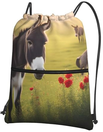 YYHWHJDE Rucksack mit Esel- und Blumenmuster, Kordelzug, Reißverschluss, geeignet für Outdoor, Freizeit, Wandern, 15,3 x 45,7 cm (L x H), Schwarz, Einheitsgröße