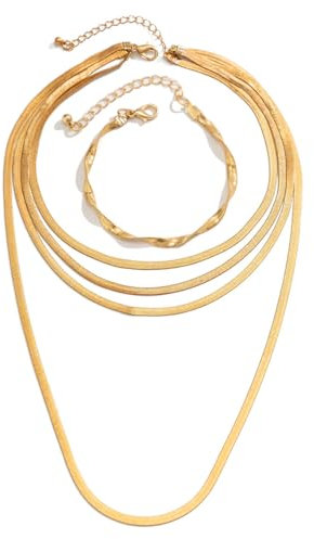 Lucktao Set di 2 bracciali a serpente dorato, catena piatta a forma di serpente, catena a spina di pesce, per donne, a strati regolabili, 3 mm di larghezza, Rame
