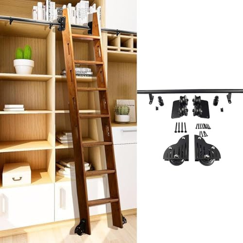 AYVADA Rollbare Bibliotheks-Schiebeleiter-Hardware-Kit (ohne Leiter), vielseitig einsetzbar für Loft-Treppen-Bücherregale, 3,3 bis 24 Fuß, Schwarze runde Stahlrohr-Mobilschienen/Gleitschienen-Kompl