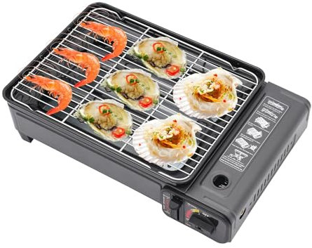 Camping Grill Gas, BBQ Set, Tragbarer Gaskocher mit Backblech and Grillnetz, Outdoor Gaskocher, Einstellbare Feuerkraft, für Camping, Reisen, Trekking und Kochen, 41.5 * 28 * 11cm