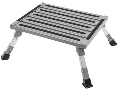 Marchepied pliable en aluminium - 1 marche - Réglable en hauteur - Avec patins en caoutchouc antidérapants - Charge maximale : 150 kg - Noir et argenté