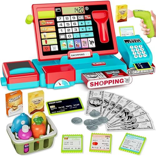 OBEST Registratore di Cassa Giocattolo, Supermercato Giocattolo per Bambini, Con Accessori (Vera Calcolatrice/Scanner/Soldi Finti/Cibo, Ecc.), Giocattolo Per Bambini 3+ Anni