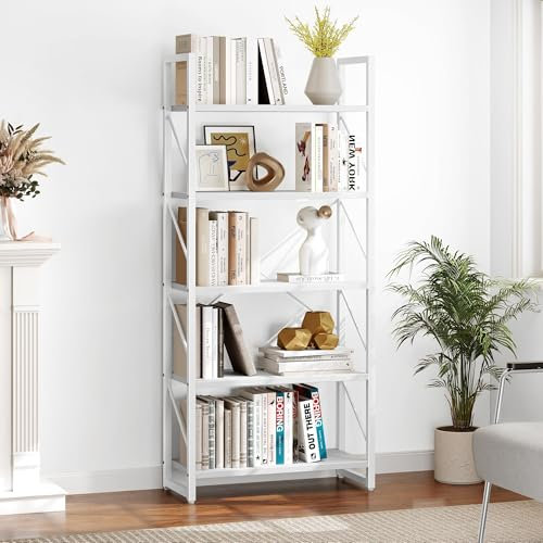 YITAHOME Bookshelf, 5 Tiers Bookcase Tall Book shelf with Metal Frame, Industrial Display Storage Rack, Shelving Units for Living Room Bedroom Home Office Kitchen, Pure White Book Shelves