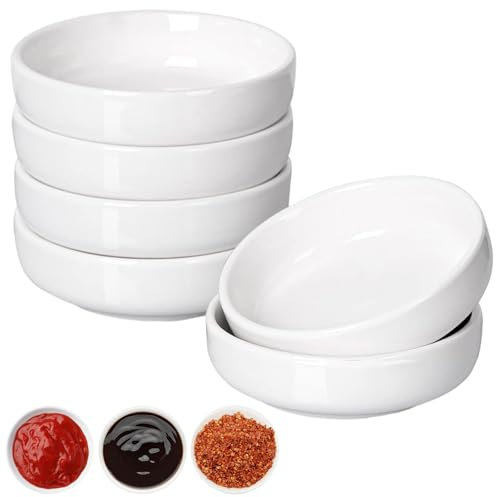 Bols à Trempette Coupelle Decorative Ramequin, 9x9x2.5 cm Set Aperitif, 6 Pièces Bols à Sauce Soja, Set de Bols à Tapas, Coupelles à Trempette pour Entrées, Ketchup, Sushi, épices, Fruits, BBQ (Blanc)