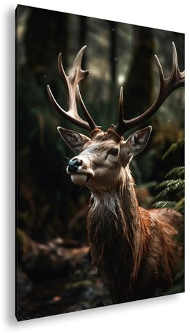 deyoli Majestöser Hirsch im Wald, sein Geweih erhaben im Dämmerlicht Format: 100x70cm XXL Kunstdruck Motiv auf Holzrahmen/Leinwandbild/Wandbild/Wohnzimmer Dekoration