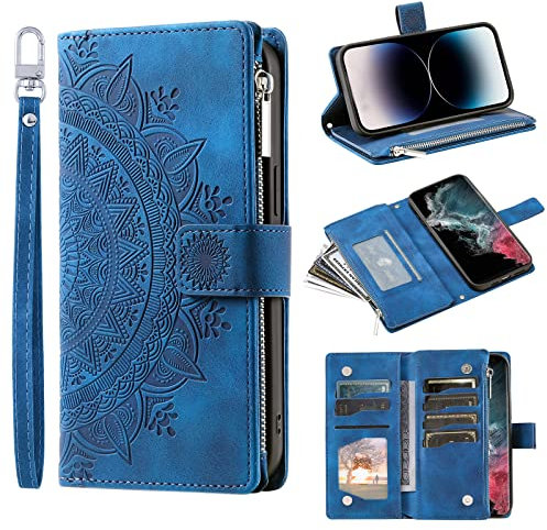 Wuhaizher for iPhone 16e Phone Case Zipper Pocket Flip Shockproof Leather Totem Wallet Case with 8 Card Holder Slots Stand Silicone Bumper Zip Cover for iPhone 16E 2025, Blue