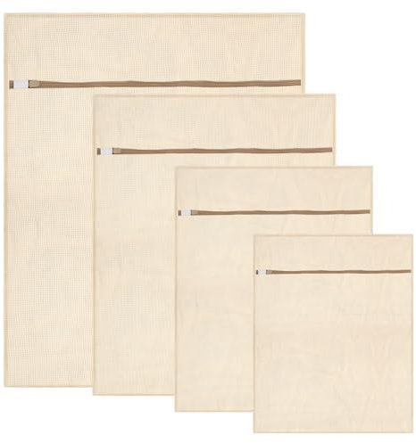 QMLING 4 Stück Wäschebeutel aus Baumwolle, 4 Größen Wäschesäcke für Waschmaschine, Wäschenetz mit Reißverschluss für Feinwäsche BH Unterwäsche und Socken