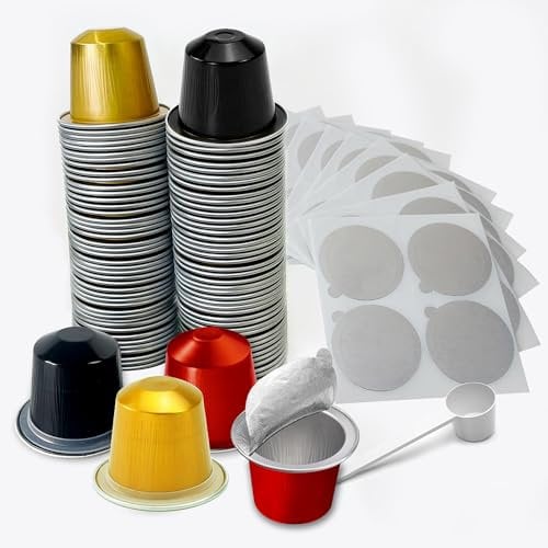 Espresso Capsules Refillable Coffee Pods For Nespresso Original Line,Disposable Aluminum Coffee Filter Capsule,Replacement Pods Kit For Nespresso Coffee Machine (60 Pods+60 Seals Lids+1 Spoon)