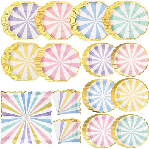 Skybooly 72 Pcs 24 Guests Pastel Paper Plates and Napkins Sets Heavy Duty Pastel Striped Scalloped Party Plates Napkins Disposable Ice Cream Party Supplies Decoration for Bridal Baby Shower Wedding