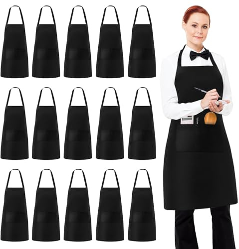 15 Stück Köche Schürze, Schwarze Schürze mit 2 Taschen, Verstellbare Nackenband Schürze, Waschbar Unisex Küchenschürze, Kellner Arbeitsschürze, Cook Apron für Küche, Kochen, Backen, BBQ und Café