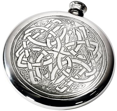 Wentworth Pewter - Celtic Pattern Polished Round Pewter Sporran Flask, 4oz Capacity (with Engraving)