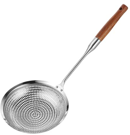 Schiumarola a forma di ragno, in acciaio inox, con manico lungo in legno di pera, multiuso, per cucinare, scolare, friggere