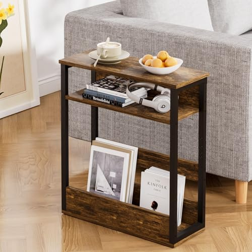 Levede Vintage Side Table with Storage Shelf, 3-Tier Modern End Table for Narrow Spaces, 55cm Height Small Nightstand with Magazine Rack, Brown