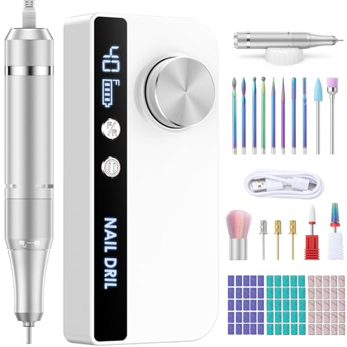 Heypappy Torno para Uñas, Limador de Uñas Eléctrico Recargable Portátil 40000 RPM, 16 Accesorios con Pantalla LED, Kit de Manicura y Pedicura Velocidad Ajustable para Uso Profesional y Hogar (Blanco)