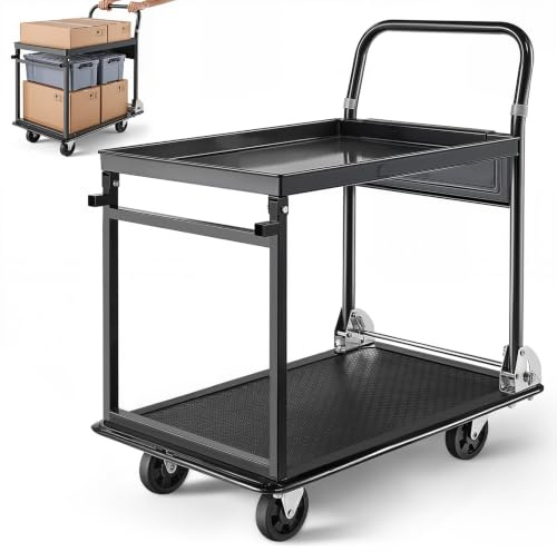 VEVOR Heavy Duty 2 Tier Foldable Platform Hand Truck, 700 lbs Push Tool Cart with High-Strength Steel, Folding Utility Cart for Warehouse, Garage, Workshop, Office