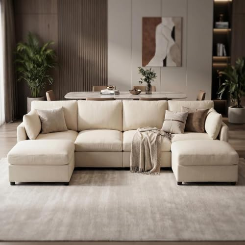 Kingfun Modulares Sofa Beige, U-Form Wohnlandschaft mit Relaxfunktion, individuell konfigurierbare L Form Ecksofa für Wohnzimmer & Schlafzimmer, Chenille Couch mit hochdichtem Schaum für Apartment