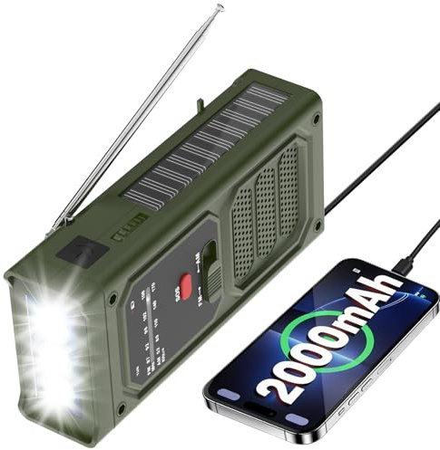 Notfall-Solarradio, 2000mAh Akku Kurbelradio, 3-Wege-Laden Emergency Radios mit LED-Taschenlampe, SOS-Alarm,AM/FM für Notladung von Smartphone, geeignet für Wanderungen(Dunkelgrün)