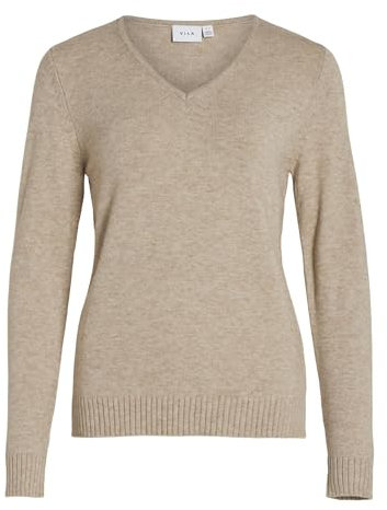 Vila Clothes Viril L/s V-Neck Knit Top-Noos, suéter Mujer, Beige (Natural Melange Natural Melange), 42 (Talla del Fabricante: Large)