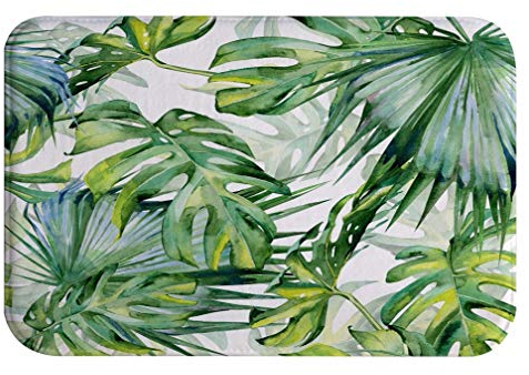 A.Monamour Badematten Badteppiche Badvorleger Aquarell Handgemalte Tropische Blätter Grünen Dschungel Weich Saugfähigen Flanell Mikrofaser rutschfeste Bodenmatte Für Badezimmer Küche 40x120cm