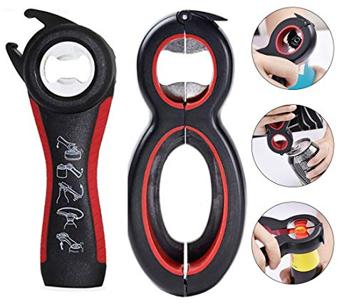 Multi Bottle Opener,2 Pieces Multi Bottle Can and Jar Grip Opener,Include 5-in-1 and 6-in-1, Twist Off Lid Kitchen Tool Suitable for Seniors or Arthritic Hands(Black+Red)