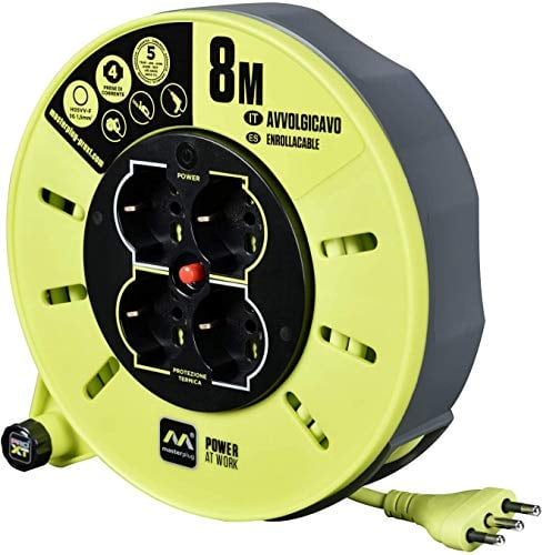 Masterplug Pro-XT Avvolgicavo 8 metri, 4 Prese Universali prolivalent: Bipasso, EU, Schuko, Prolunga Elettrica 16A, Indicatore LED, Cavo Alta Visibilità