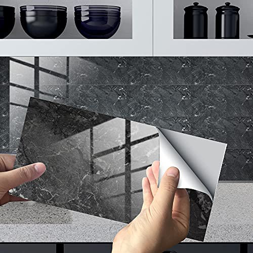 HORIWE Marble Tile Stickers for Bathroom Kitchen Backsplash Waterproof Oil Proof DIY Self Adhesive New PVC Wall Stickers Home Decor 12x6 Inches 16pc (Grey Marble Pattern 2, 30x15cm(12x6) - 16PCS)