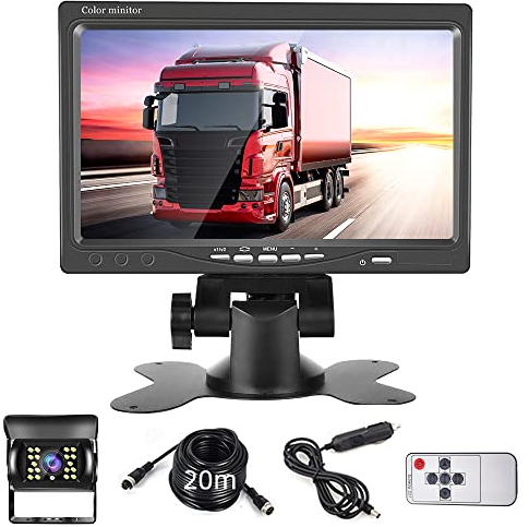 Kit Telecamera Retromarcia con 7 Pollici monitor HD, Telecamera Backup Impermeabile IP68 Visione Notturna 18IR, Telecamera Posteriore Auto con Cavo 4 Pin 20 m 12V-24V per Camper/Camion/Bus/Rimorchi