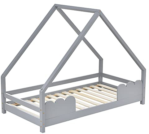 RCBDBSM Hausbett Kinderbett 80x160cm mit Rausfallschutz, Spielbett, Jugendbett Massivholz Kinderbett Mit Lattenrost, Funktionsbett Kinderbett Bett Holz Haus Spielbett Hausbett,Grey