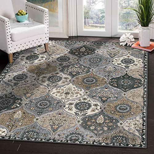 Lahome Moroccan Machine Washable Rugs, 4x6 Area Rug for Living Room Bedroom | Soft Non-Slip Rug Vintage Trellis Ultra-Thin Throw Carpet for Dining Room Office Elise, Grey
