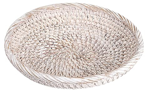 IGNPION Round Rattan Woven Serving Tray Decorative Display Trays Storage Platters with Handle Table Desktop Organiser Tray for coffer,Fruit, Drink,Breakfast,Tea,Candle (Whitewash, 19cm)