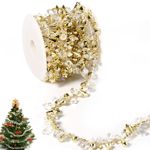 Weihnachtsbaum Deco Girlande mit Perlen, 8m Lang Weihnachtsperlenschnur Schillernd Perlenbesetzter Weihnachtsbaumschmuck Weihnachtsperlenkette für Weihnachtsfeier Hochzeit Heim (Gold)