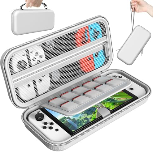 HSTOP Tasche Kompatibel mit Nintendo Switch/Switch OLED, Harte Tragetasche Hülle Case Kompatibel mit Nintendo Switch/OLED Konsole & Zubehör, Abnehmbarer Tragegriff mit 10 Spielkartensteckplätzen, Weiß