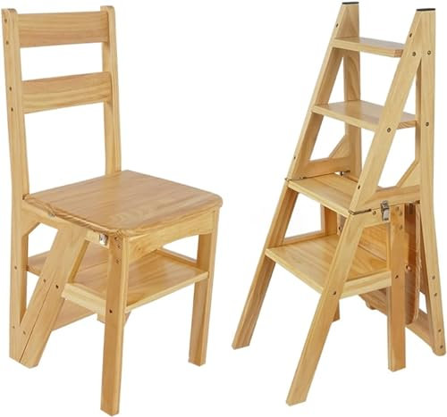 DEMCAY Klappbare Leiter und Stuhl-Kombination, Holz-4-Stufen-Leiterstuhl, Milti-Funktions-Kletterleiter, Tritthocker, Bücherregal, Pflanzenständer, Haushaltstreppenstuhl