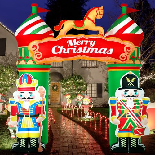 Glimin 8.2 ft Christmas Inflatable Nutcracker Soldier Yard Decoration Xmas Inflatable Arch Outdoor Decoration with Build in LED Light Blow up Soldier Decor for Christmas Party Lawn Garden Supplies