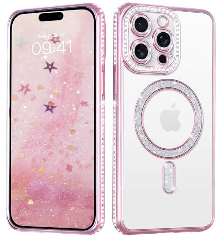 Coalbooliy Cover per iPhone 13 Pro Max 6,7 Custodia Diamante Glitter Brillare [Compatibile con Mag-Safe], Elettroplaccata Magnetica Trasparente Silicone Case Ragazza Scintillante Luccicanti, Rosa