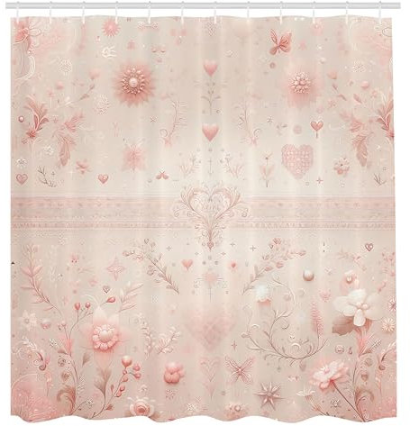 ABAKUHAUS Rosa Duschvorhang, Vintage Cottagecore Thema Gedämpfte Rouge Töne Florale Akzente und Linien, Stoffliches Gewebe mit Haken, 175 x 200 cm, Blasses Lachs Getrocknete Rose