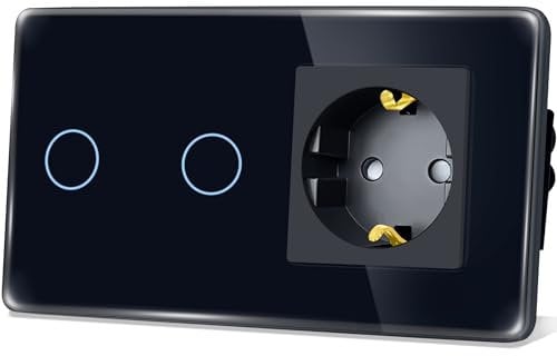 TAWOIA Touch Lichtschalter mit Steckdose,EU Standard 1 Fach Steckdose 2 Fach 1 Wege Unterputz Lichtschalter mit 2.5D Curved Glas Platte 86 * 157mm Schwarz