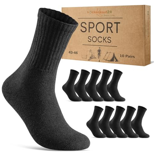 10 Paar Sportsocken Herren Tennissocken Baumwolle Atmungsaktive Crew Socken 70205T (Schwarz 43-46)