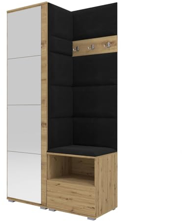 RAVIO Garderoben-Set NELA I mit Spiegel, 100cm Flurgarderobe mit Wandpaneele, Kompaktgarderobe mit Schuhschrank, Inklusive Montagekleber, Praktischer Garderobe (Artisan Eiche + Schwarz (Trinity 16))